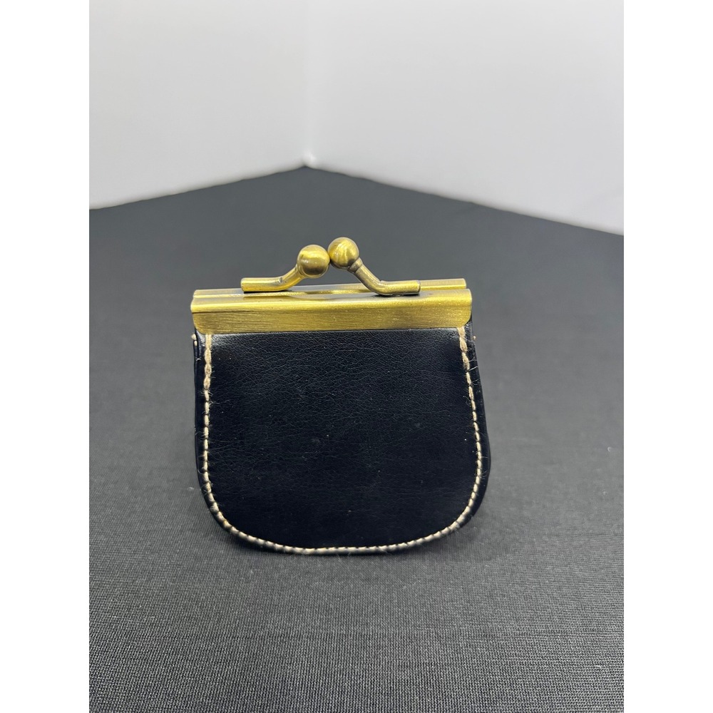 Vintage Style Black Leather Mini Coin Purse Brass Kiss Lock Clasp Small Pouch